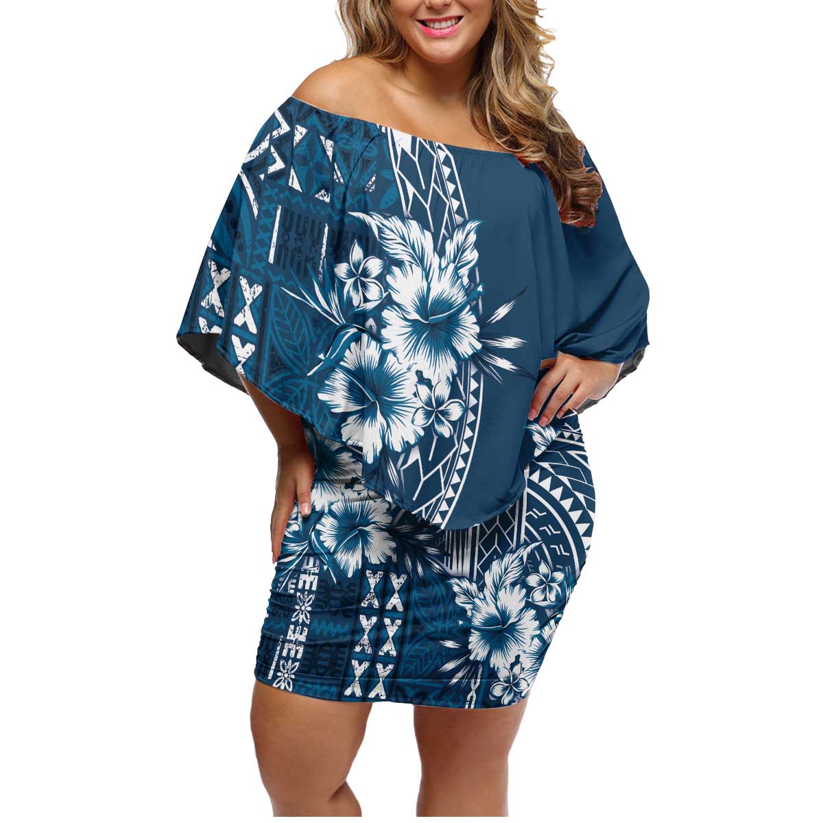 Kia Orana Cook Islands Family Matching Off Shoulder Short Dress and Hawaiian Shirt Tiare and Stars - Navy Blue LT7 Mom's Dress Navy Blue - Polynesian Pride