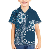 Kia Orana Cook Islands Family Matching Off Shoulder Short Dress and Hawaiian Shirt Tiare and Stars - Navy Blue LT7 Son's Shirt Navy Blue - Polynesian Pride