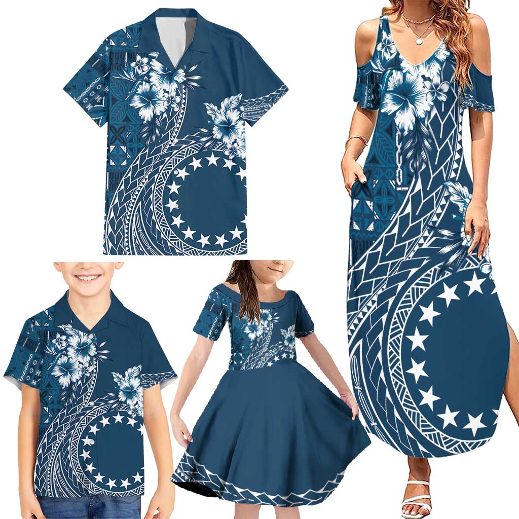 Kia Orana Cook Islands Family Matching Summer Maxi Dress and Hawaiian Shirt Tiare and Stars - Navy Blue LT7 - Polynesian Pride