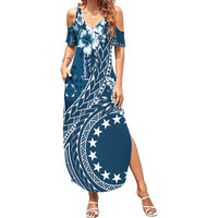 Kia Orana Cook Islands Family Matching Summer Maxi Dress and Hawaiian Shirt Tiare and Stars - Navy Blue LT7 Mom's Dress Navy Blue - Polynesian Pride