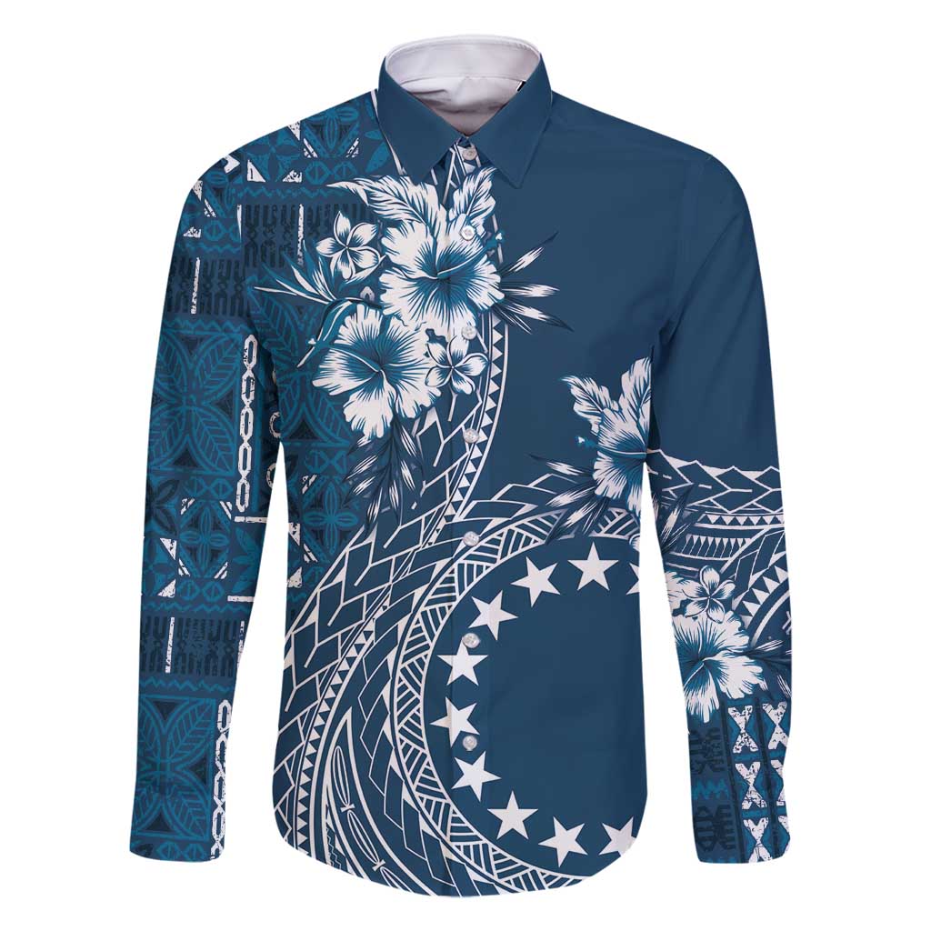 Kia Orana Cook Islands Family Matching Tank Maxi Dress and Hawaiian Shirt Tiare and Stars - Navy Blue LT7 Dad's Shirt - Long Sleeve Navy Blue - Polynesian Pride