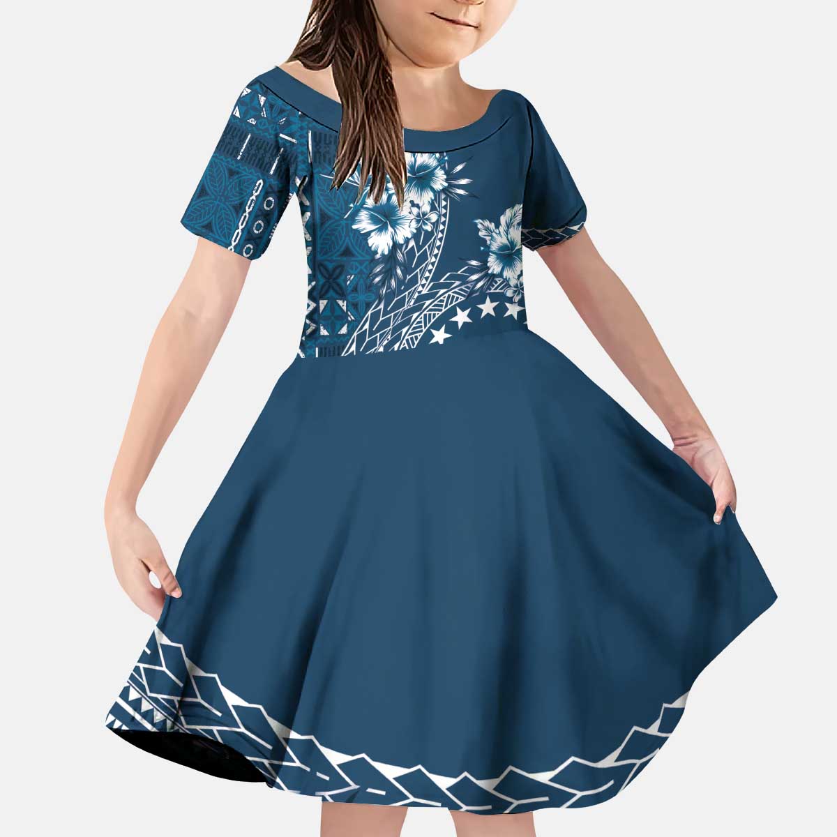 Kia Orana Cook Islands Kid Short Sleeve Dress Tiare and Stars - Navy Blue