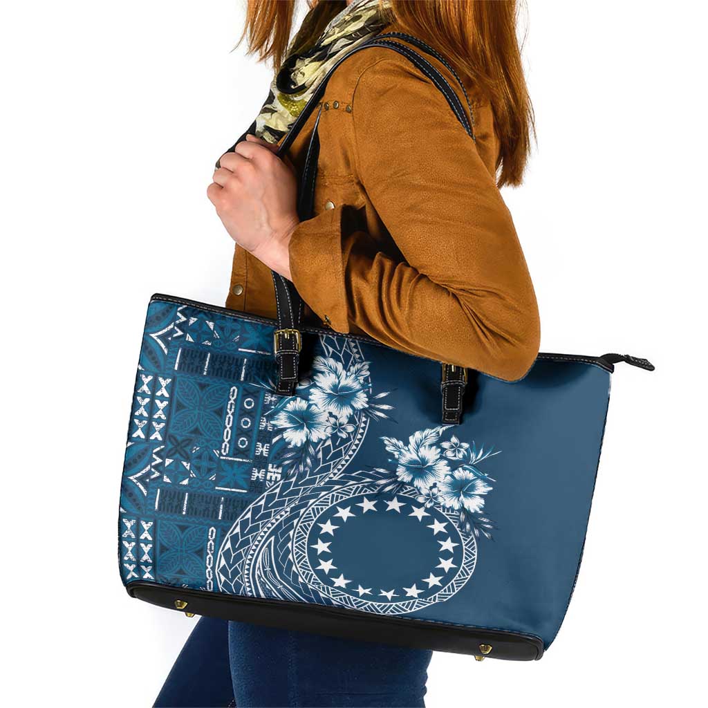 Kia Orana Cook Islands Leather Tote Bag Tiare and Stars - Navy Blue LT7 Navy Blue - Polynesian Pride