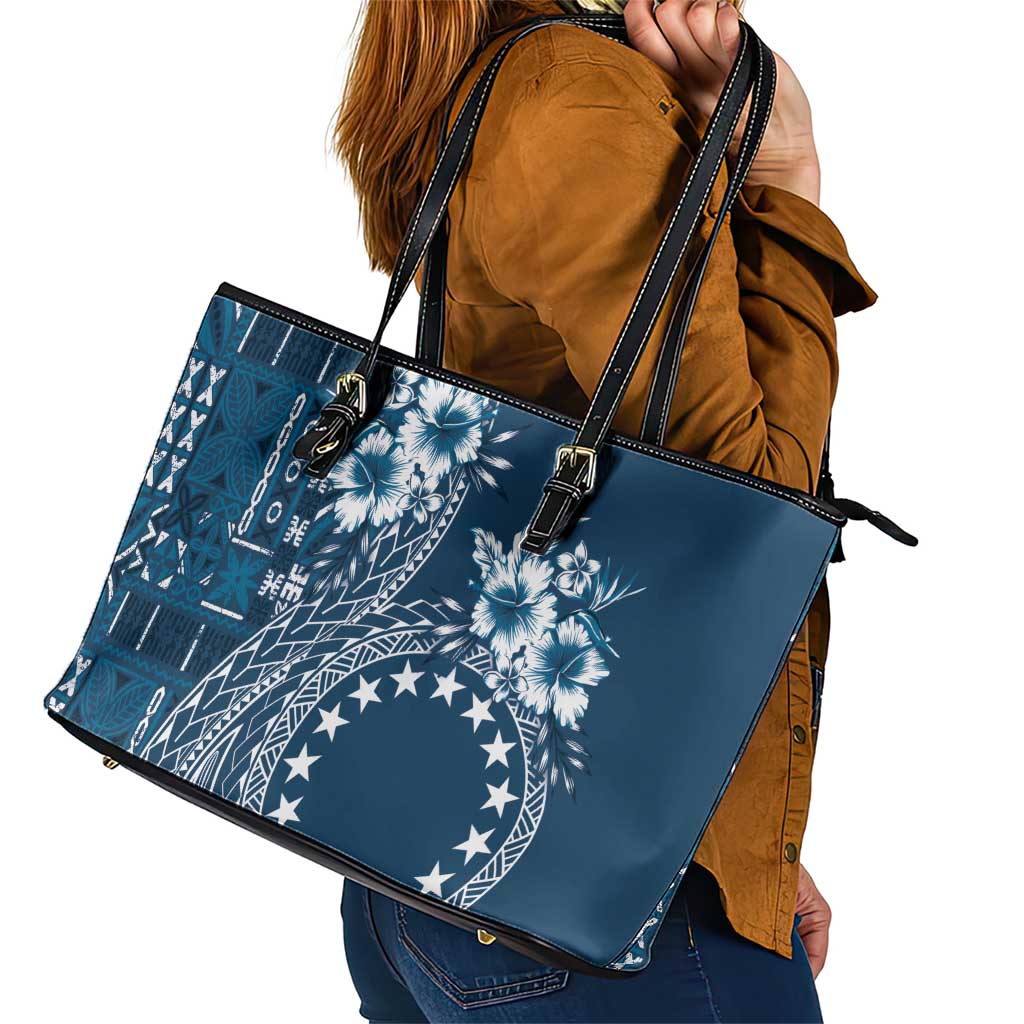 Kia Orana Cook Islands Leather Tote Bag Tiare and Stars - Navy Blue LT7 - Polynesian Pride