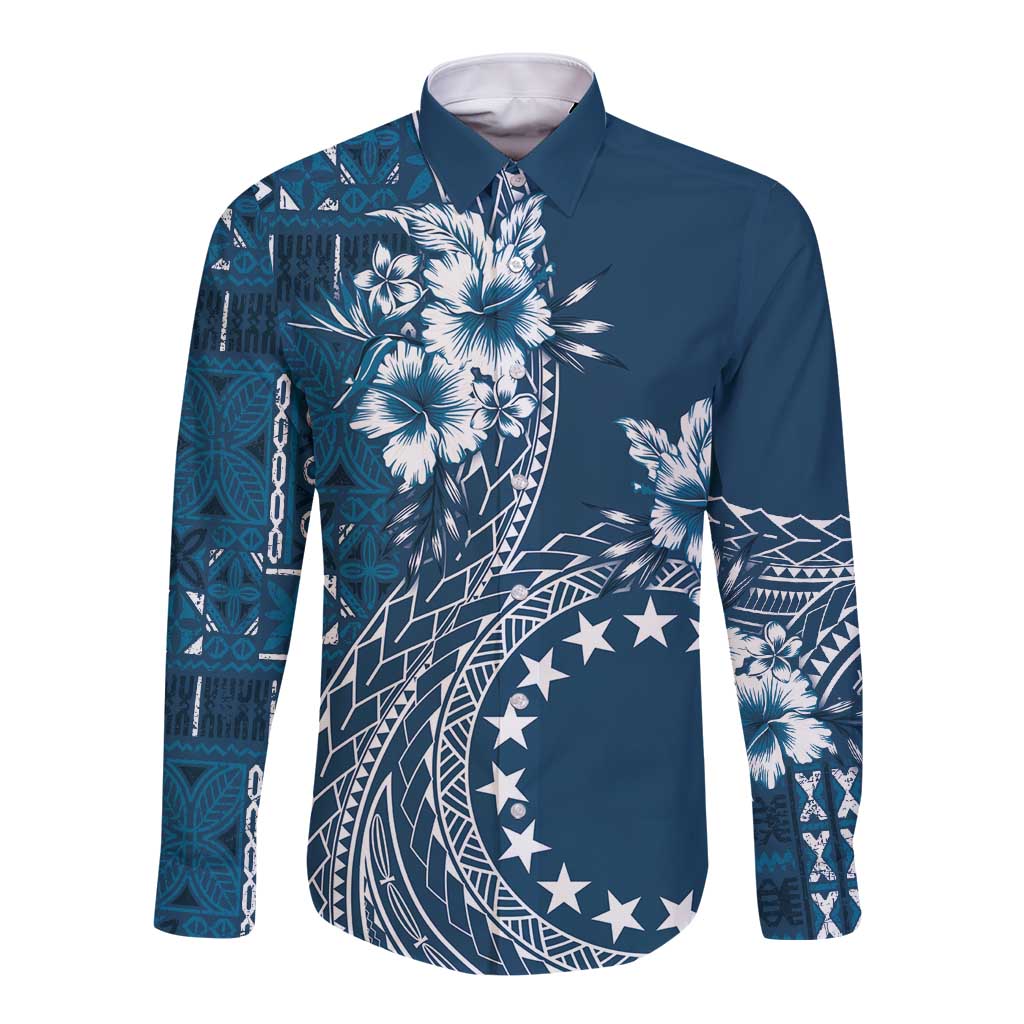Kia Orana Cook Islands Long Sleeve Button Shirt Tiare and Stars - Navy Blue LT7 Unisex Navy Blue - Polynesian Pride