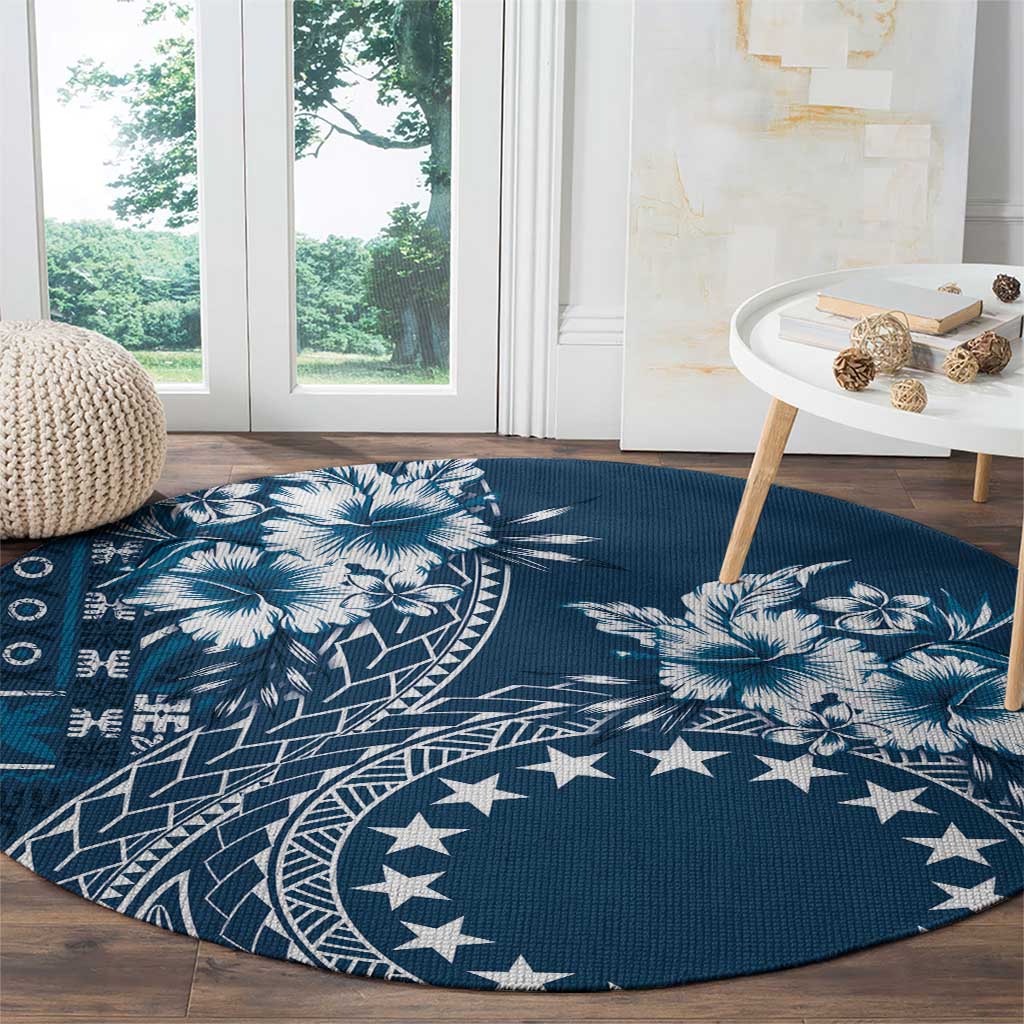 Kia Orana Cook Islands Round Carpet Tiare and Stars - Navy Blue