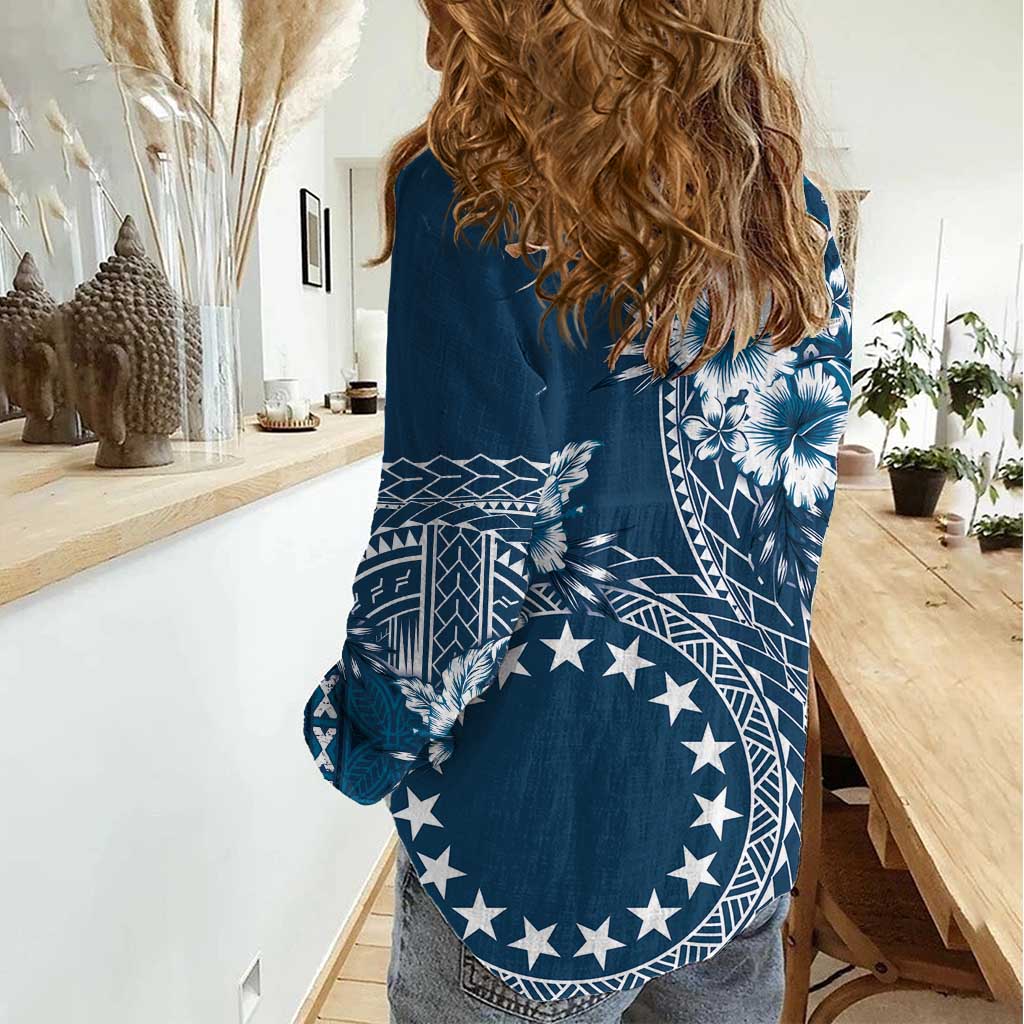 Kia Orana Cook Islands Women Casual Shirt Tiare and Stars - Navy Blue LT7 - Polynesian Pride