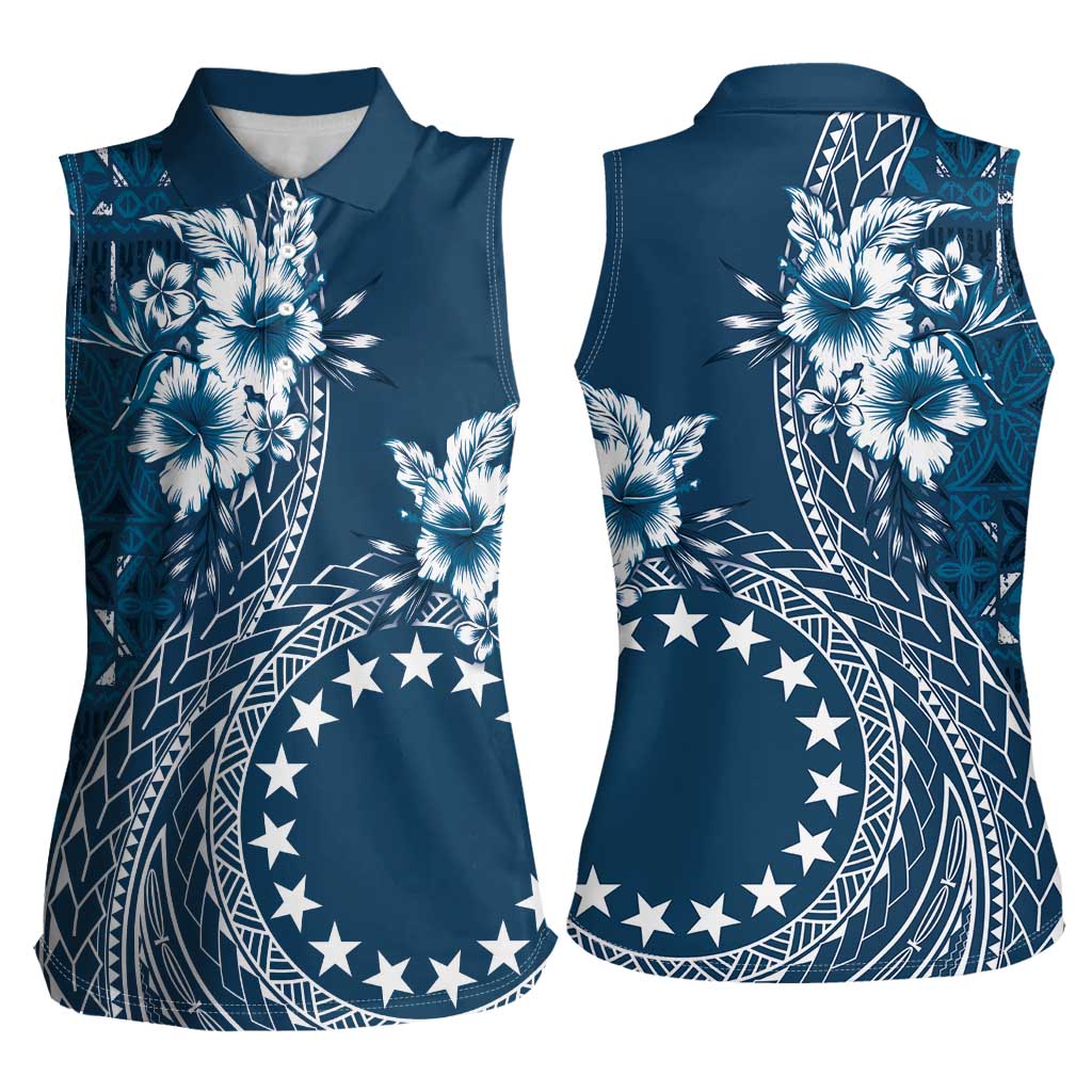 Kia Orana Cook Islands Women Sleeveless Polo Shirt Tiare and Stars - Navy Blue LT7 - Polynesian Pride