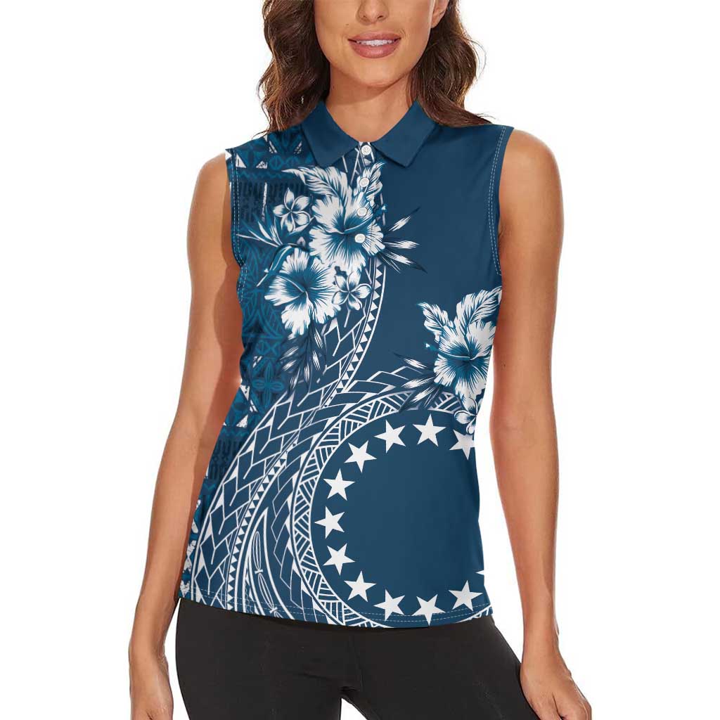 Kia Orana Cook Islands Women Sleeveless Polo Shirt Tiare and Stars - Navy Blue LT7 - Polynesian Pride