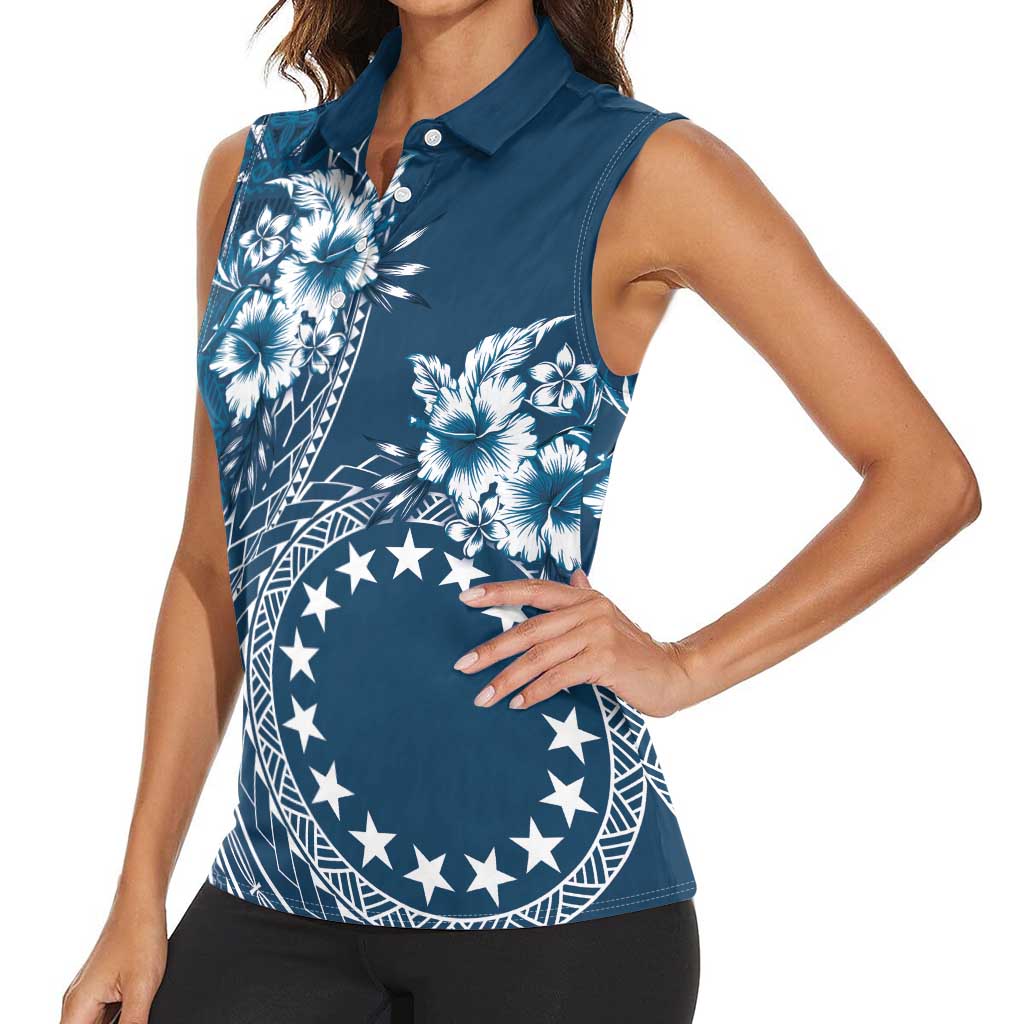 Kia Orana Cook Islands Women Sleeveless Polo Shirt Tiare and Stars - Navy Blue LT7 - Polynesian Pride