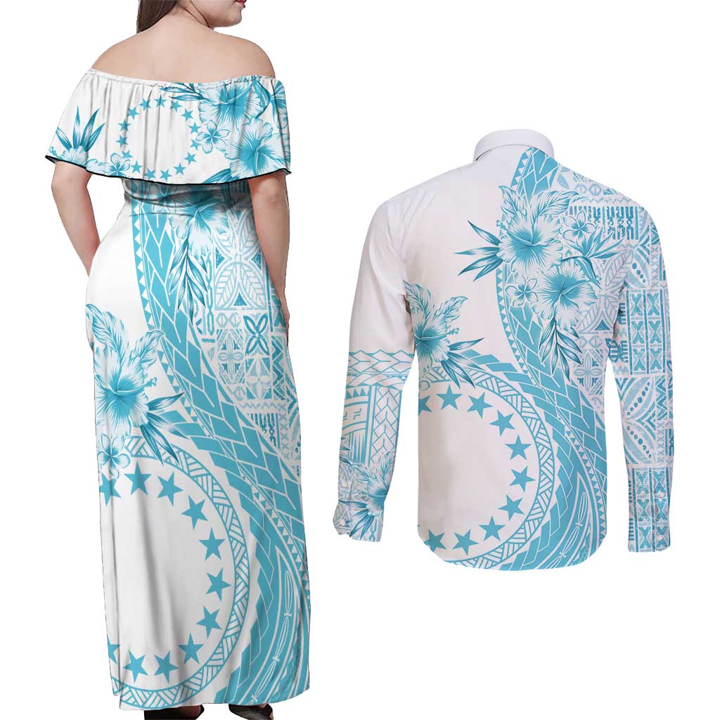 Kia Orana Cook Islands Couples Matching Off Shoulder Maxi Dress and Button Shirt - Tiare and Stars Turquoise LT7 - Polynesian Pride