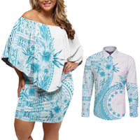 Kia Orana Cook Islands Couples Matching Off Shoulder Short Dress and Long Sleeve Button Shirt Tiare and Stars - Turquoise LT7 Turquoise - Polynesian Pride