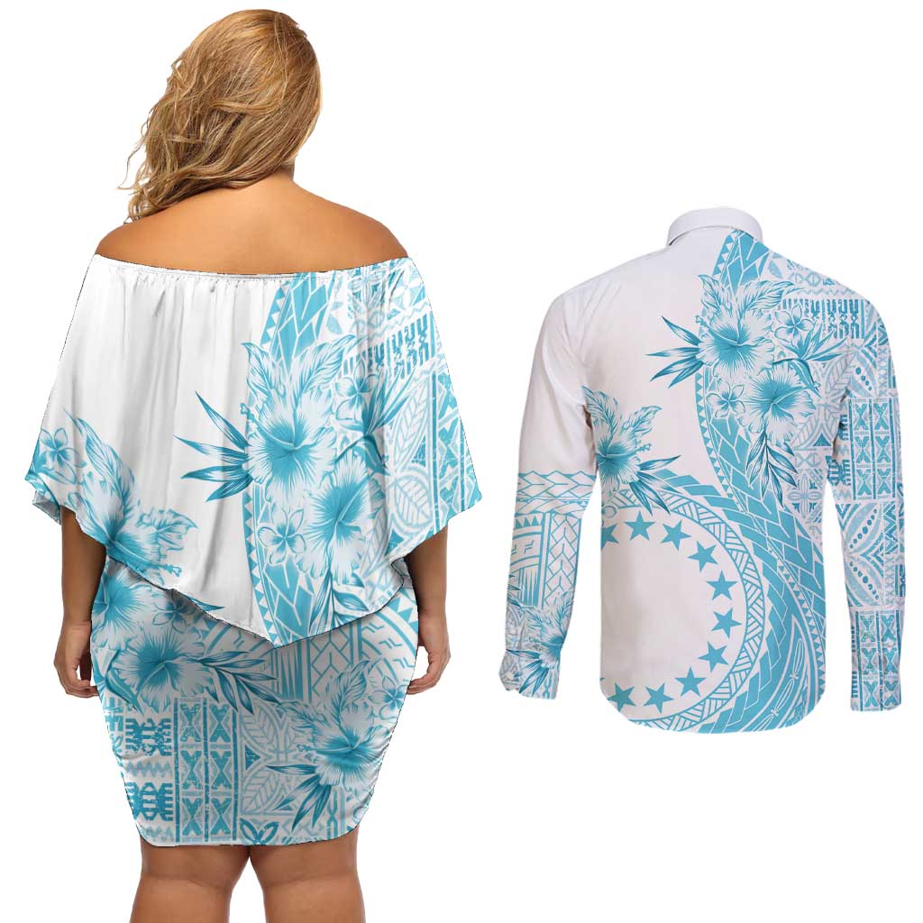 Kia Orana Cook Islands Couples Matching Off Shoulder Short Dress and Long Sleeve Button Shirt Tiare and Stars - Turquoise LT7 - Polynesian Pride
