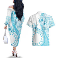 Kia Orana Cook Islands Couples Matching Off The Shoulder Long Sleeve Dress and Hawaiian Shirt Tiare and Stars - Turquoise