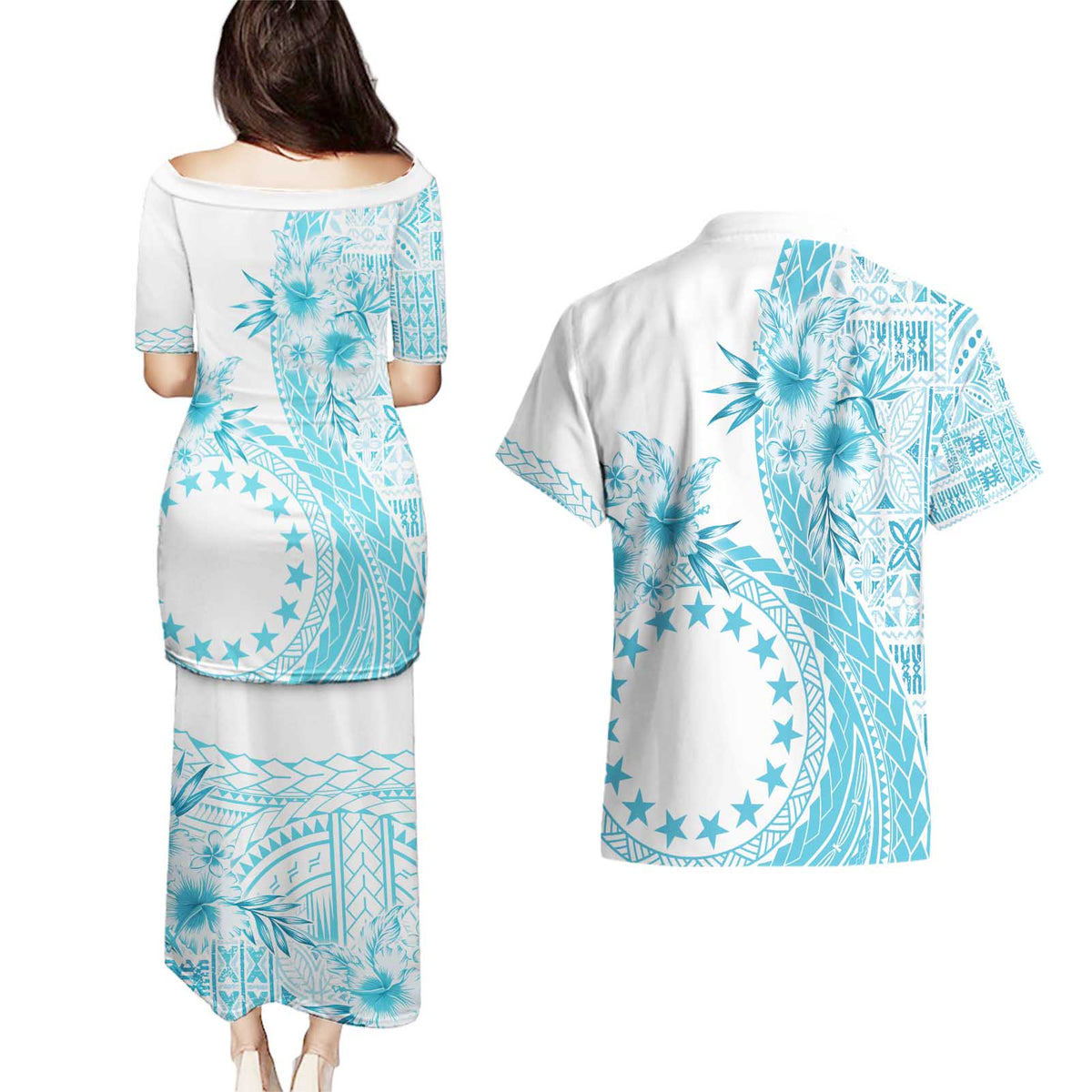 Kia Orana Cook Islands Couples Matching Puletasi and Hawaiian Shirt Tiare and Stars - Turquoise LT7 - Polynesian Pride