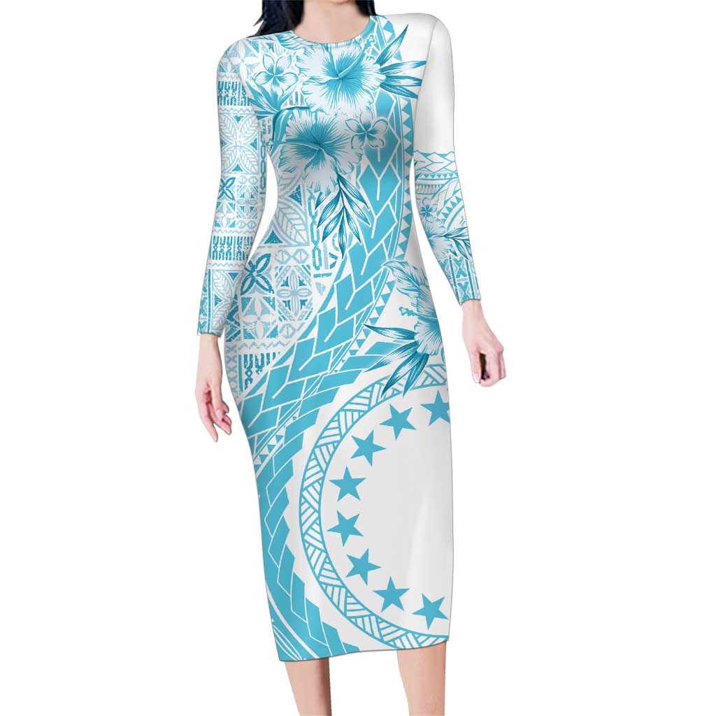 Kia Orana Cook Islands Family Matching Long Sleeve Bodycon Dress and Hawaiian Shirt Tiare and Stars - Turquoise
