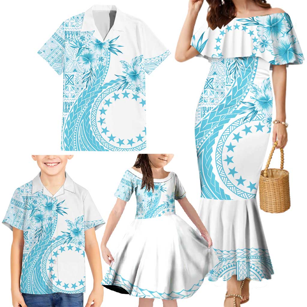 Kia Orana Cook Islands Family Matching Mermaid Dress and Hawaiian Shirt Tiare and Stars - Turquoise LT7 - Polynesian Pride