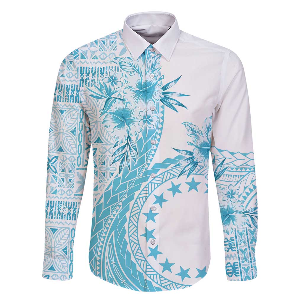 Kia Orana Cook Islands Family Matching Mermaid Dress and Hawaiian Shirt Tiare and Stars - Turquoise LT7 Dad's Shirt - Long Sleeve Turquoise - Polynesian Pride