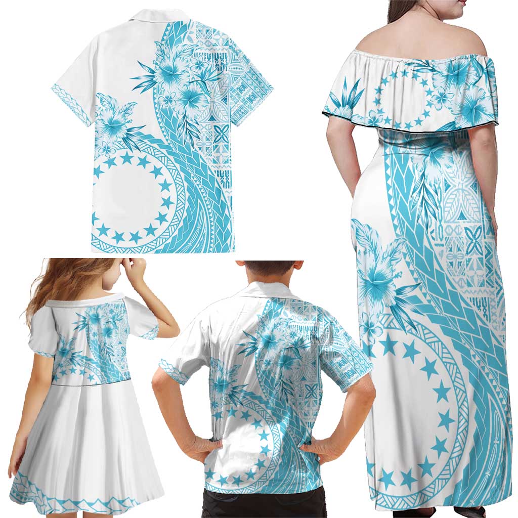 Kia Orana Cook Islands Family Matching Off Shoulder Maxi Dress and Hawaiian Shirt Tiare and Stars - Turquoise LT7 - Polynesian Pride