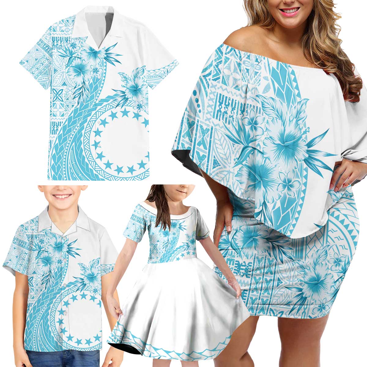 Kia Orana Cook Islands Family Matching Off Shoulder Short Dress and Hawaiian Shirt Tiare and Stars - Turquoise LT7 - Polynesian Pride