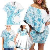 Kia Orana Cook Islands Family Matching Off Shoulder Short Dress and Hawaiian Shirt Tiare and Stars - Turquoise LT7 - Polynesian Pride