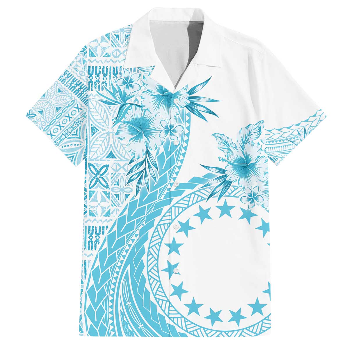 Kia Orana Cook Islands Family Matching Off Shoulder Short Dress and Hawaiian Shirt Tiare and Stars - Turquoise LT7 Dad's Shirt - Short Sleeve Turquoise - Polynesian Pride