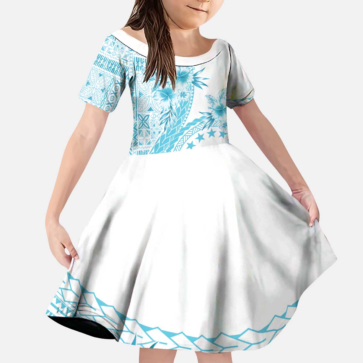 Kia Orana Cook Islands Family Matching Puletasi and Hawaiian Shirt Tiare and Stars - Turquoise LT7 Daughter's Dress Turquoise - Polynesian Pride
