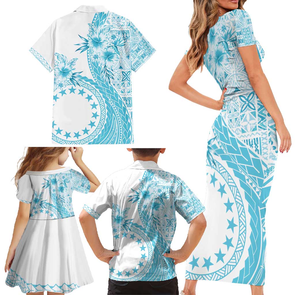 Kia Orana Cook Islands Family Matching Short Sleeve Bodycon Dress and Hawaiian Shirt Tiare and Stars - Turquoise LT7 - Polynesian Pride
