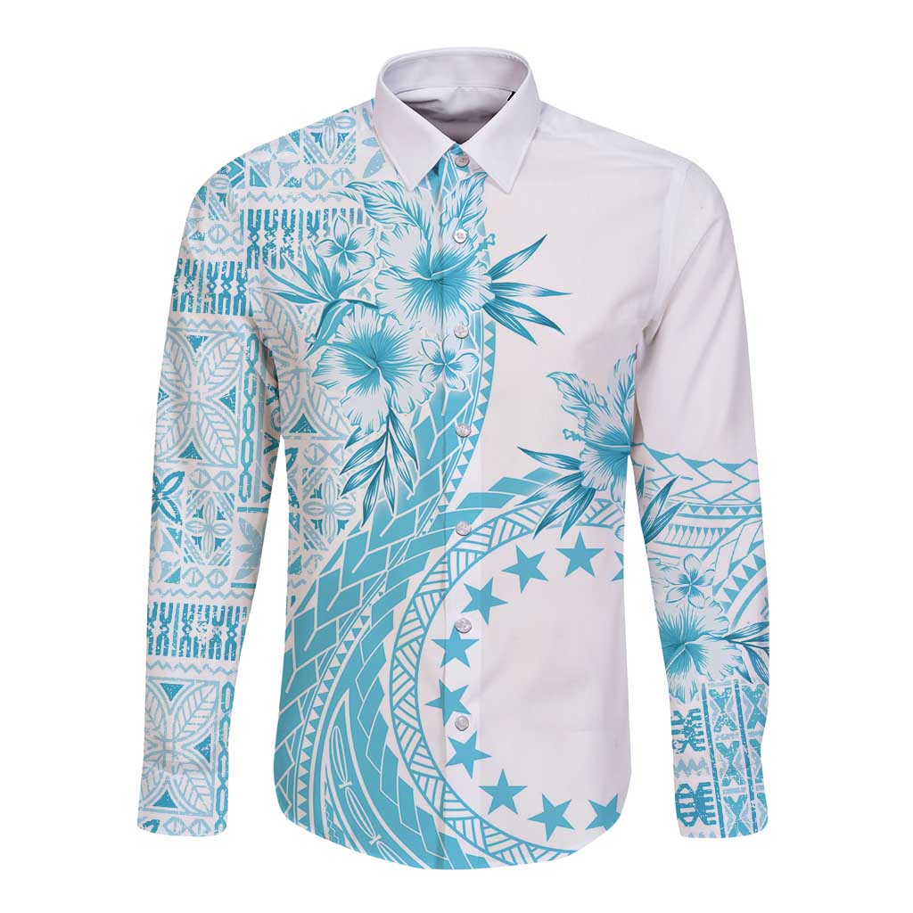 Kia Orana Cook Islands Long Sleeve Button Shirt Tiare and Stars - Turquoise LT7 Unisex Turquoise - Polynesian Pride