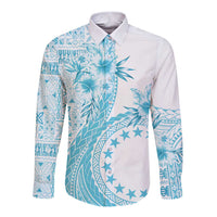 Kia Orana Cook Islands Long Sleeve Button Shirt Tiare and Stars - Turquoise LT7 Unisex Turquoise - Polynesian Pride