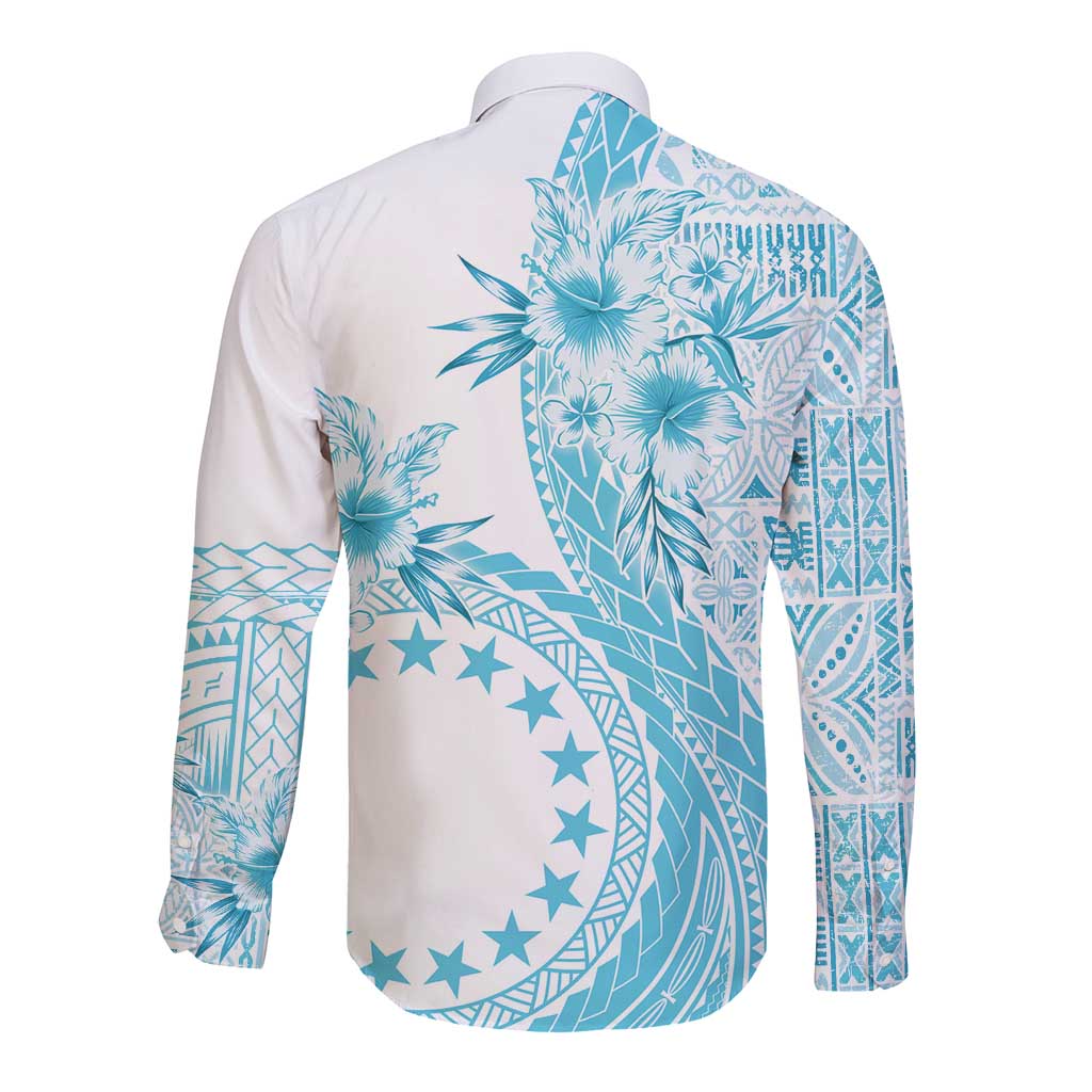 Kia Orana Cook Islands Long Sleeve Button Shirt Tiare and Stars - Turquoise LT7 - Polynesian Pride