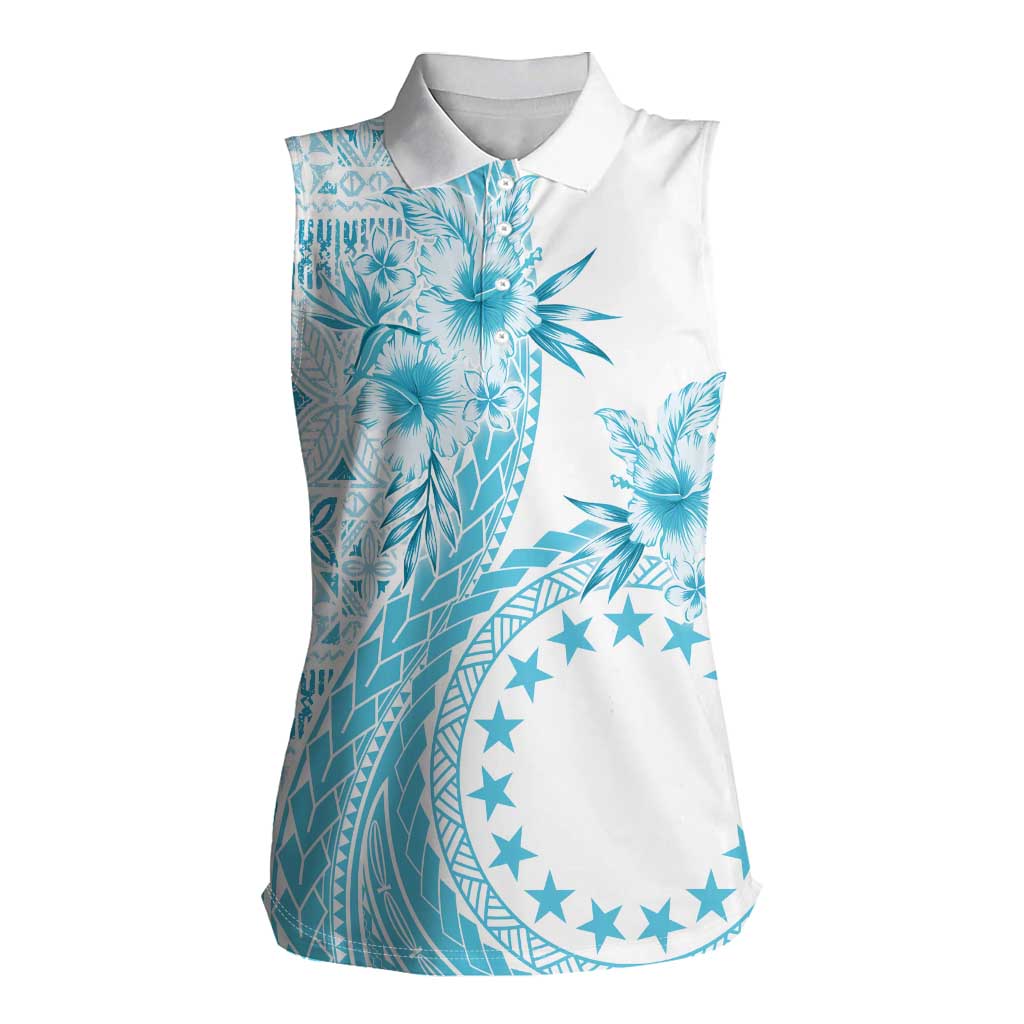 Kia Orana Cook Islands Women Sleeveless Polo Shirt Tiare and Stars - Turquoise LT7 Female Turquoise - Polynesian Pride