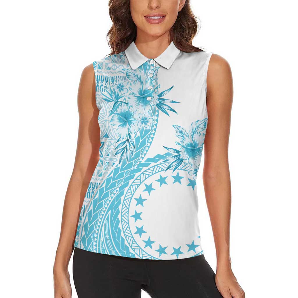 Kia Orana Cook Islands Women Sleeveless Polo Shirt Tiare and Stars - Turquoise LT7 - Polynesian Pride