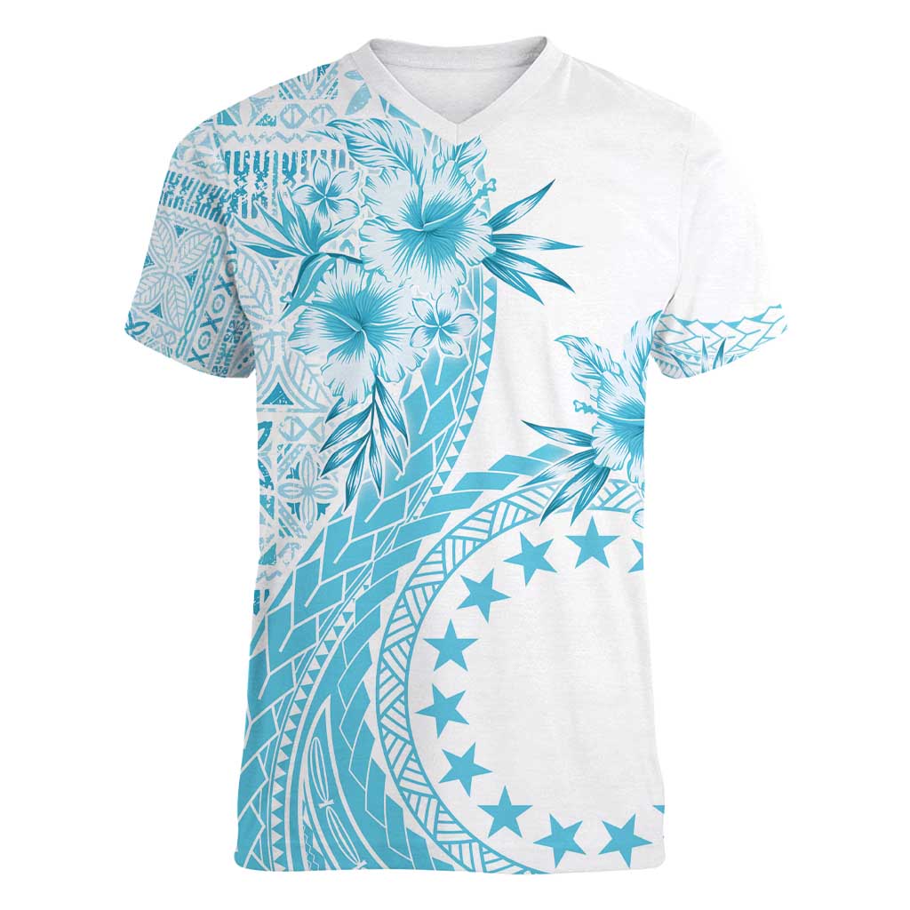 Kia Orana Cook Islands Women V-Neck T-Shirt Tiare and Stars - Turquoise LT7 Female Turquoise - Polynesian Pride