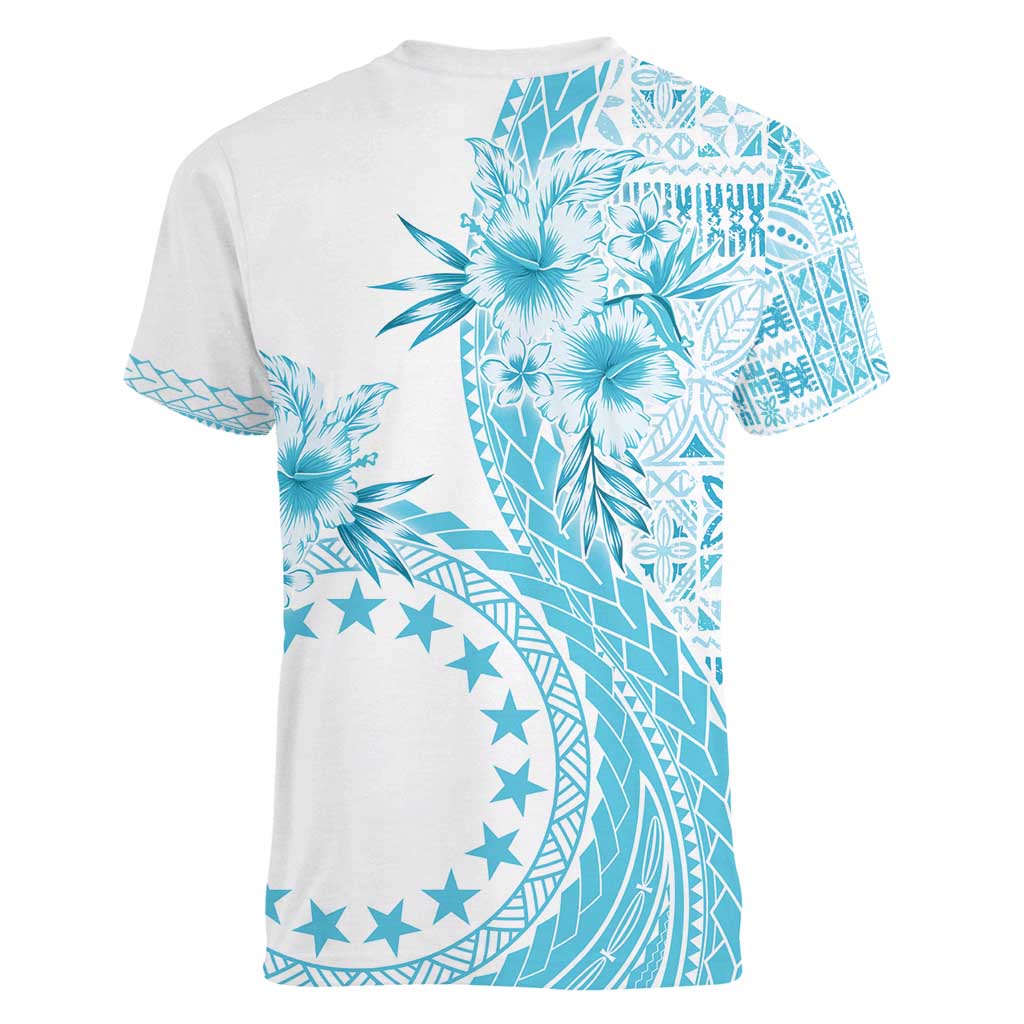 Kia Orana Cook Islands Women V-Neck T-Shirt Tiare and Stars - Turquoise LT7 - Polynesian Pride