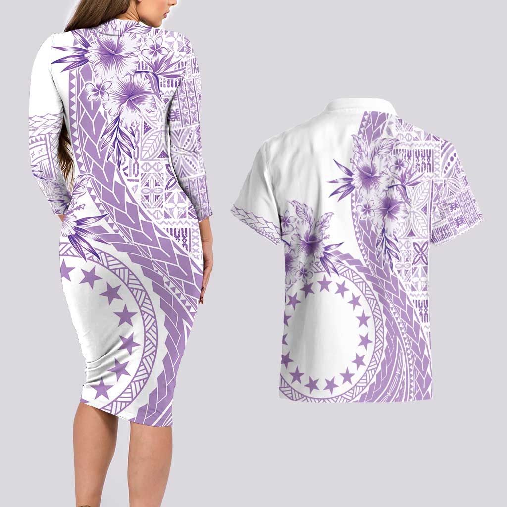 Kia Orana Cook Islands Couples Matching Long Sleeve Bodycon Dress and Hawaiian Shirt Tiare and Stars - Lavender