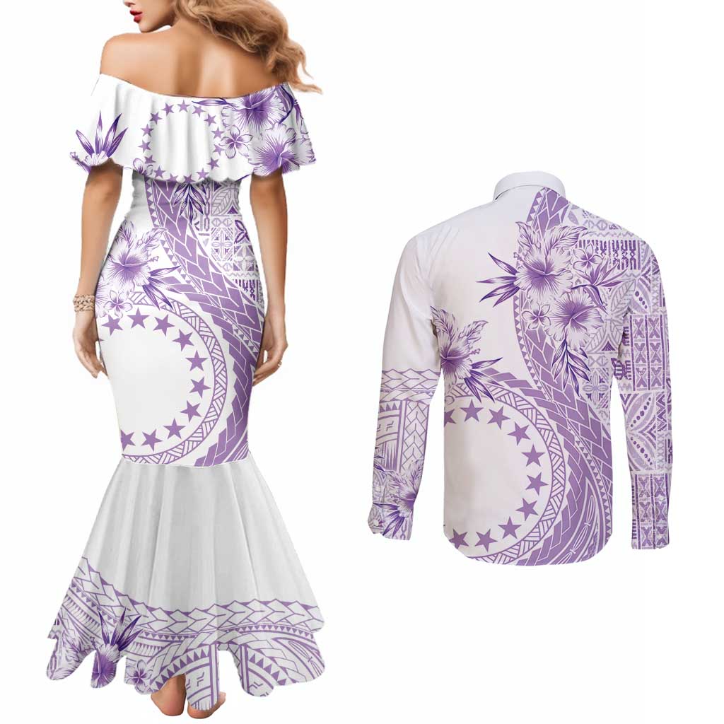 Kia Orana Cook Islands Couples Matching Mermaid Dress and Long Sleeve Button Shirt Tiare and Stars - Lavender LT7 - Polynesian Pride