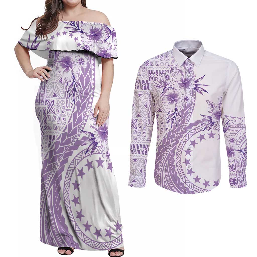 Kia Orana Cook Islands Couples Matching Off Shoulder Maxi Dress and Long Sleeve Button Shirt Tiare and Stars - Lavender LT7 Lavender - Polynesian Pride