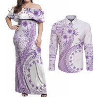 Kia Orana Cook Islands Couples Matching Off Shoulder Maxi Dress and Long Sleeve Button Shirt Tiare and Stars - Lavender LT7 Lavender - Polynesian Pride
