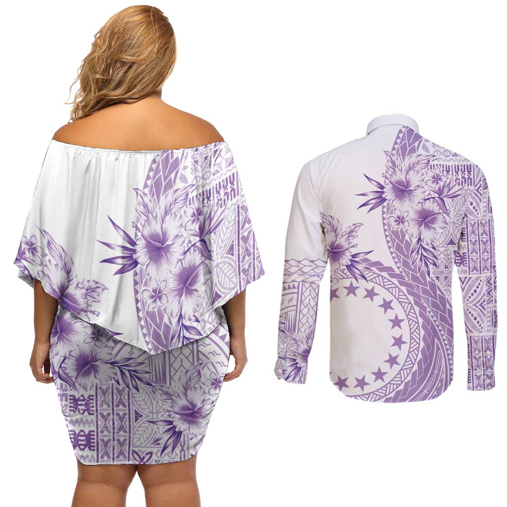 Kia Orana Cook Islands Couples Matching Off Shoulder Short Dress and Long Sleeve Button Shirt Tiare and Stars - Lavender LT7 - Polynesian Pride