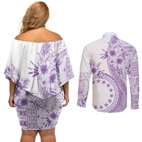 Kia Orana Cook Islands Couples Matching Off Shoulder Short Dress and Long Sleeve Button Shirt Tiare and Stars - Lavender LT7 - Polynesian Pride