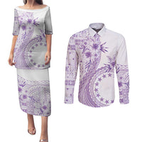 Kia Orana Cook Islands Couples Matching Puletasi and Long Sleeve Button Shirt Tiare and Stars - Lavender LT7 Lavender - Polynesian Pride