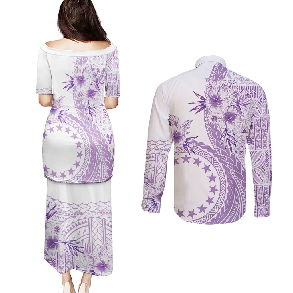 Kia Orana Cook Islands Couples Matching Puletasi and Long Sleeve Button Shirt Tiare and Stars - Lavender LT7 - Polynesian Pride