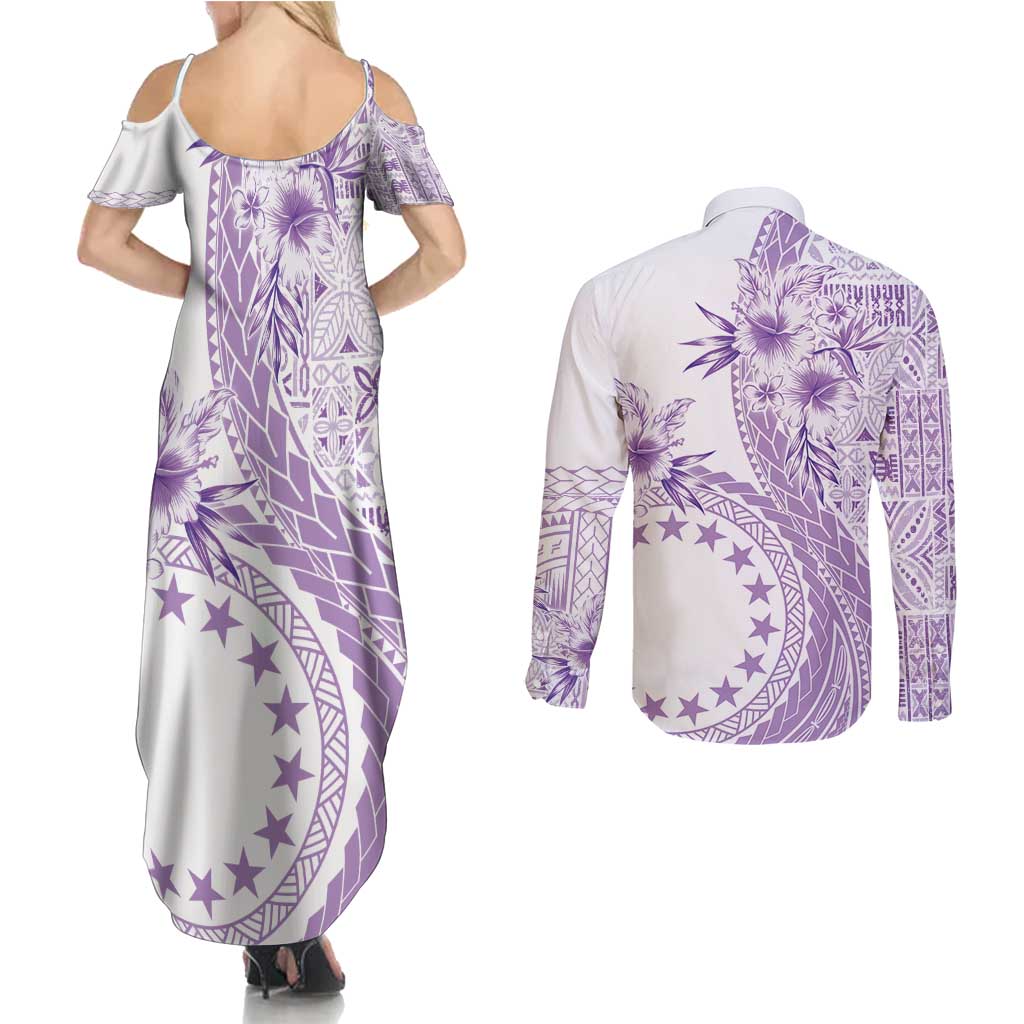 Kia Orana Cook Islands Couples Matching Summer Maxi Dress and Long Sleeve Button Shirt Tiare and Stars - Lavender LT7 - Polynesian Pride