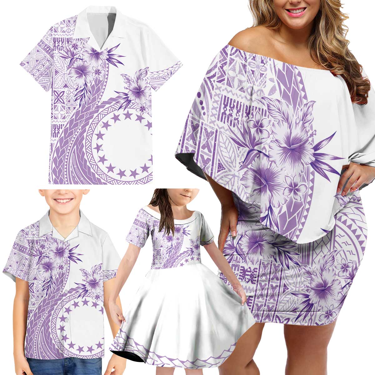 Kia Orana Cook Islands Family Matching Off Shoulder Short Dress and Hawaiian Shirt Tiare and Stars - Lavender LT7 - Polynesian Pride