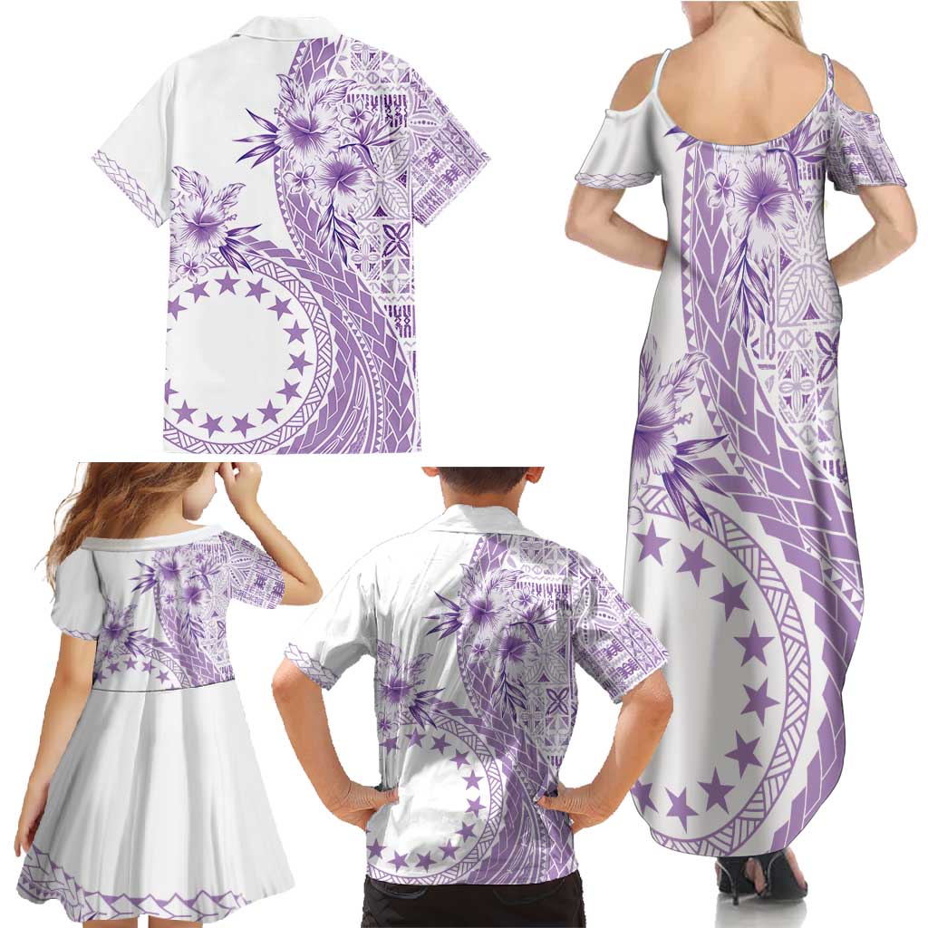 Kia Orana Cook Islands Family Matching Summer Maxi Dress and Hawaiian Shirt Tiare and Stars - Lavender LT7 - Polynesian Pride