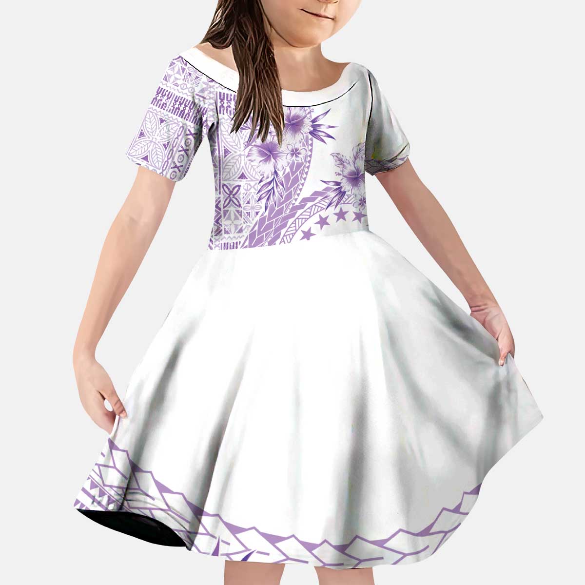 Kia Orana Cook Islands Kid Short Sleeve Dress Tiare and Stars - Lavender LT7 KID Lavender - Polynesian Pride