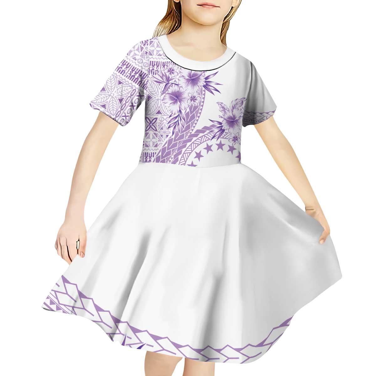 Kia Orana Cook Islands Kid Short Sleeve Dress Tiare and Stars - Lavender LT7 - Polynesian Pride