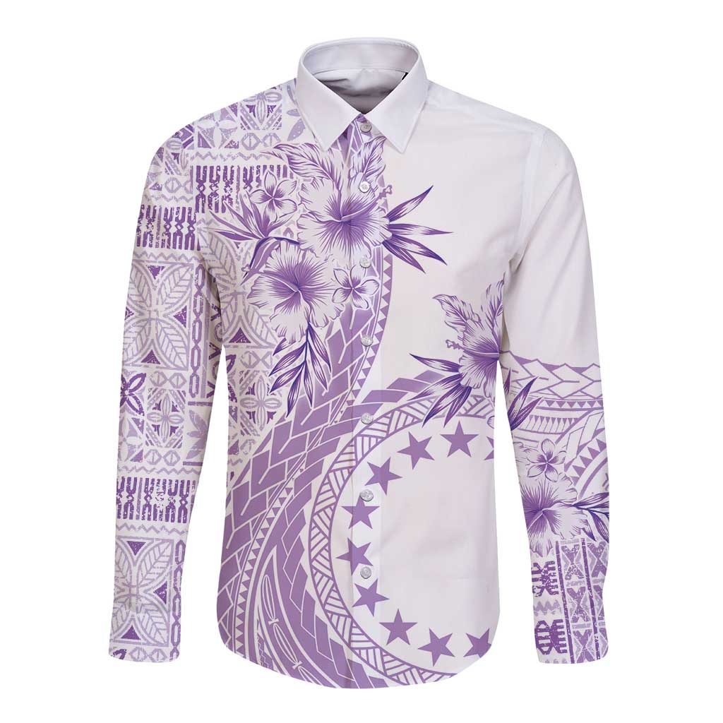 Kia Orana Cook Islands Long Sleeve Button Shirt Tiare and Stars - Lavender LT7 Unisex Lavender - Polynesian Pride