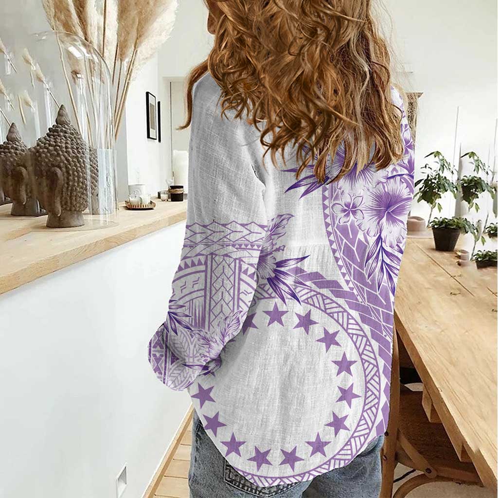 Kia Orana Cook Islands Women Casual Shirt Tiare and Stars - Lavender LT7 - Polynesian Pride